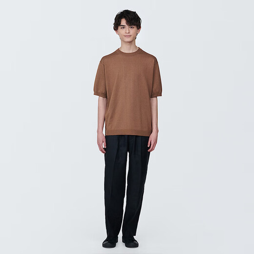 无印良品（MUJI） 男式 防紫外线麻混圆领短袖毛衣男款针织衫 硬核防晒AA0QGA4S 棕色 L 175/100A