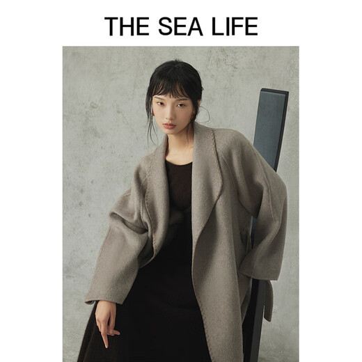 THE SEA LIFE 廓形系带双面呢大衣女秋冬中长款奶茶色12625 奶茶棕 S