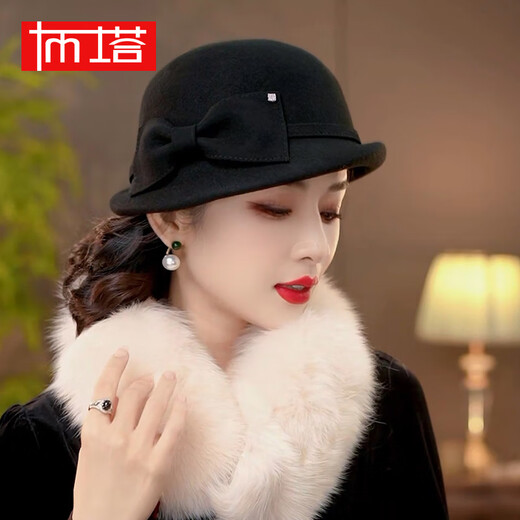 PTAH2024 autumn and winter new style dome shaped top hat sheep wool curled retro warm fashion beret hat black