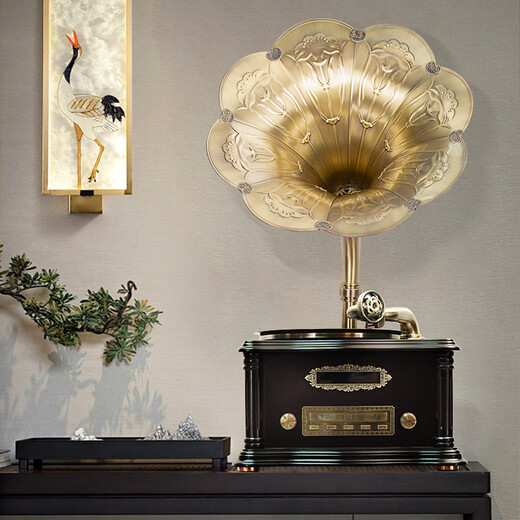 Heritage Family Retro Desktop Phonograph Living Room European Bluetooth Small Speaker Solid Wood Small Old-fashioned Antique Vinyl Record Player Mini Record Player 708 Ebony Copper Speaker + Package A