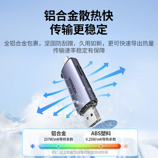 绿联（UGREEN） USB-C3.0高速多功能二合一OTG手机读卡器 支持SD/TF单反相机行车记录仪存储内存卡适用电脑手机 Type-C+USB2.0【双卡单读】45032