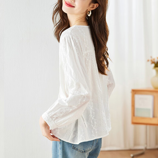 French soft cotton round neck embroidered shirt women's long sleeve autumn new design niche strappy top shirt white M