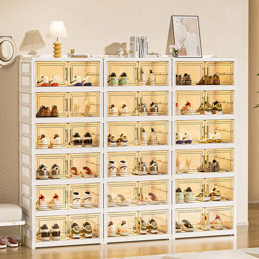 Fully transparent acrylic shoe box, 20-pack, installation-free shoe cabinet, door entry, home shoe rack, foldable, multi-functional, magnetic double door, two rows, 9 layers, can hold 36 pairs of shoes