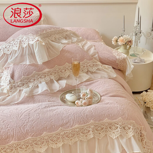 Langsha 2025 autumn and winter new thickened carved velvet baby velvet Annabell series French double-layer lace four-piece set Annabell pink bed sheet style 1.5m four-piece set