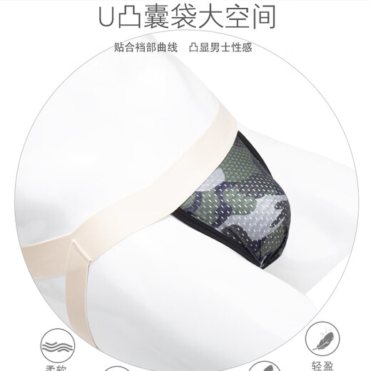 Movik's new men's underwear camouflage thong, ice silk hollow sexy low-waist elastic men's double thong underwear, black 1 pair M