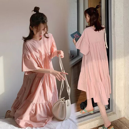 绫庭鹰孕妇装夏装夏天长裙子韩版欧美风夏季辣妈时尚孕妇装连衣裙女 粉色 L