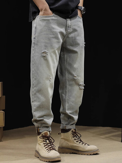 OLJ International Luxury Brand Ripped Jeans Men's Men's Loose Straight Spring and Automne Casual Working Pants Retro Wash 38 [185-200jin [Jin est égal à 0,5 kg]]]
