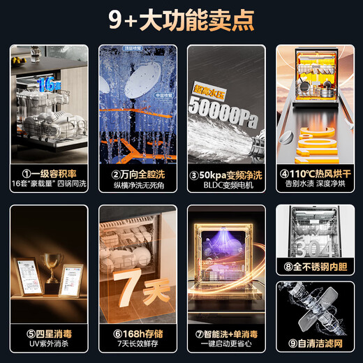 SUPOR 16 sets of built-in dishwashers with large capacity, upgraded three-fan drying 110, hot air drying, super first-class water efficiency, frequency conversion five-arm hurricane washing WDQ1609W