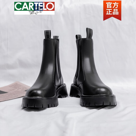 卡帝乐鳄鱼（CARTELO）切尔西靴男冬季加绒高帮鞋英伦风一脚蹬马丁靴男春秋靴子男烟筒靴 黑色中.帮 3524 38