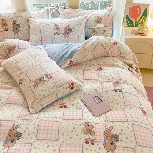 Langsha (langsha) autumn and winter plus velvet milk velvet bed four-piece set small fresh thick coral velvet sheet quilt cover three-piece bedding set pastoral rabbit + baby blue 1.8m bed sheet style four-piece set - quilt cover 200*230