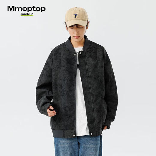 MMOPTOP American PU leather baseball jacket men's spring and autumn trendy handsome work jacket top 6211 black M
