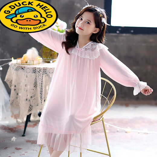 G.duck little yellow duck girls pajamas summer children thin short-sleeved lace modal nightgown little girl palace style parent-child JY1477 pink long sleeve 120
