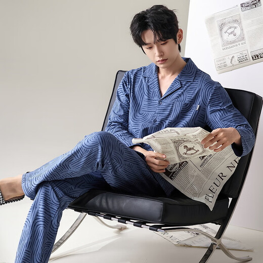 莫代尔睡衣男100%纯棉秋季开衫长袖长裤春秋款青少年大码翻领家居服套装 L12210 XL