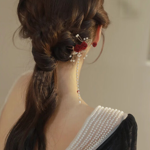 Caballa Qbily [par de par de par] rojo rosa peluquería con franja de horquilla china hanfu cheongsam tocado de boda rosa cabello liso izquierdo + rosa cabello liso derecho