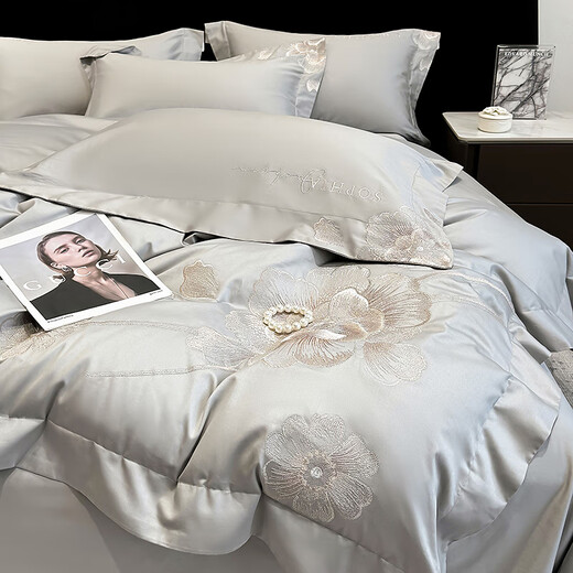 Mercury Series Light Luxury 200 Count Class A Long Staple Cotton Four-piece Set Pure Cotton Skin Friendly Sheets and Quilt Covers European Style Naked Sleeping Cotton Bedding Millennium-Millennium Pink 1.8m Fitted Sheet Suitable for Quilt Core 200x230