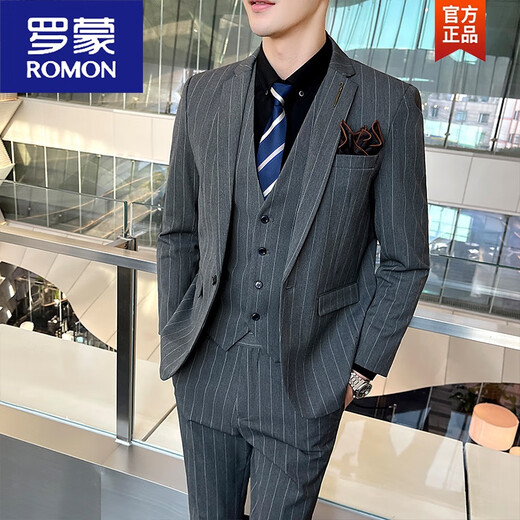 罗蒙（ROMON）西服套装男士商务条纹英伦职业正装休闲小西装新郎结婚礼服潮男生 1908黑色单西+马甲+衬衫+西裤 M
