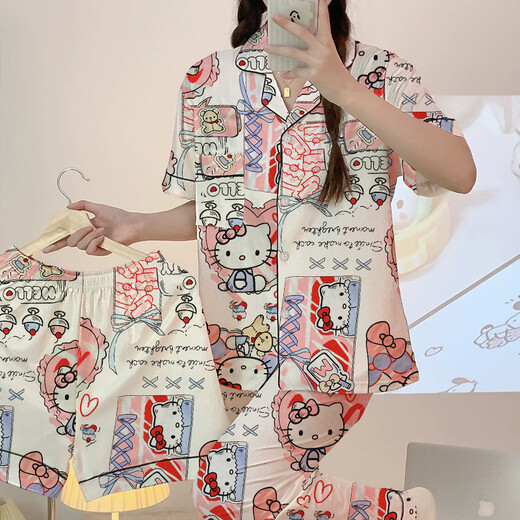 ins风三件套高颜值HelloKitty新款睡衣女款卡通春夏季家居服 套KK14108 XL【建议120-135斤】
