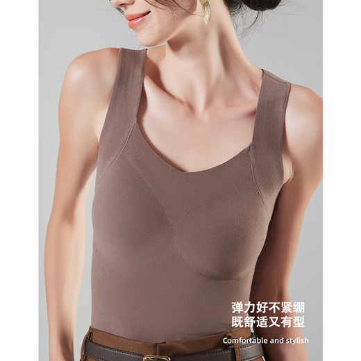 Qijian Women's cashmere light, comfortable and soft skin warm slim fit with chest pad vest Khaki XXL
