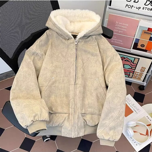 Yiran presents winter velvet thickened hooded cotton coat for men, old American high street retro youth sports warm trendy brand cotton coat, gray apricot M recommended 105-120 Jin Jin equals 0.5 kg