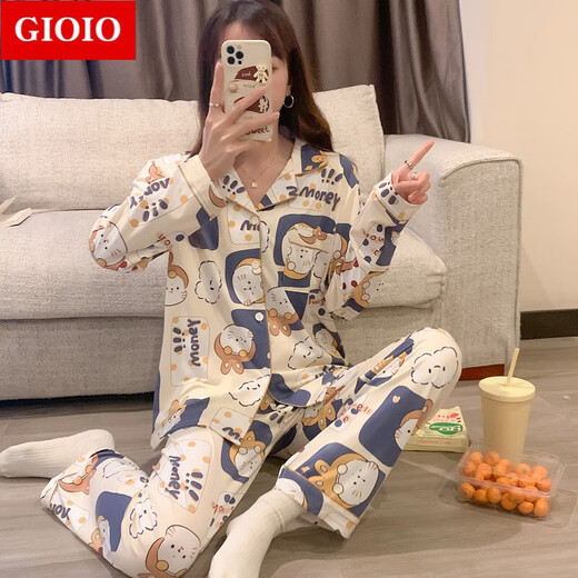 GIOIO新款ins日系卡通KT猫睡衣女学生甜美可爱长袖长裤宽松家居服套装 9227 M