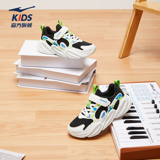 Hongxing Erke (ERKE) children's shoes, boys' and girls' casual shoes, children's and large children's cushioning lightweight sports shoes, black/microcrystalline white 37