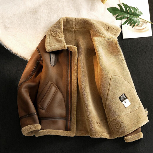 Manxinan fur one-piece plus velvet leather jacket for men in autumn and winter, lapel sherpa cotton coat, men's thickened motorcycle leather jacket, retro brown XL collection store, fast delivery