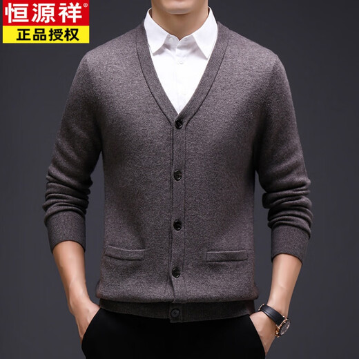 Hengyuanxiang (HYX) pure wool sweater men's velvet thickened knitted cardigan middle-aged and elderly casual solid color sheep|fleece jacket V-neck sweater dark gray 3XL