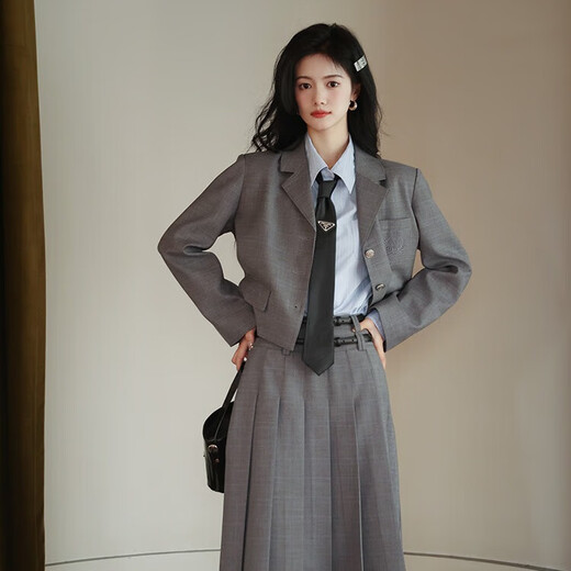 Plum Ripe St. Martin's Temperament Gray Suit Suit Women's British College Style Casual Jacket Half Skirt Gray Plaid (Short Suit) S