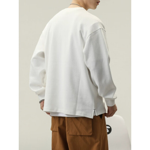 KXKE spring heavy cotton men's long-sleeved T-shirt loose large size American trendy brand casual Henry collar bottoming shirt sweatshirt black 4XL recommended 170-185Jin Jin equals 0.5 kg