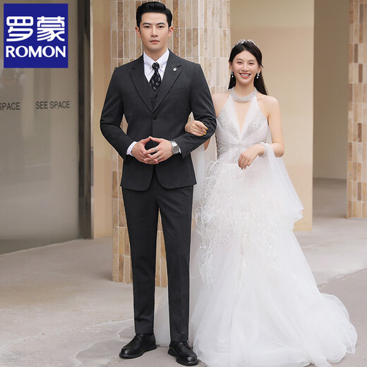 ROMON Wool Suit Suit Men's Business Casual Suit Men's Wedding Groom Groomsman Dress Professional Formal Jacket Single-breasted Dark Gray Three-piece Set Free Tie 2XL