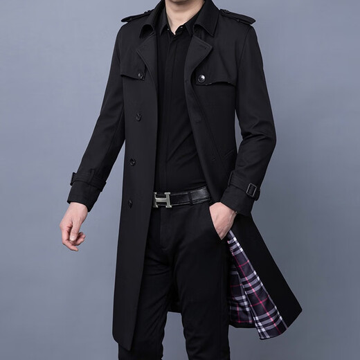 DIFANPU luxury high-end brand mid-length windbreaker men's business casual spring and autumn solid color lapel double-breasted commuter coat navy blue long 2XL 185