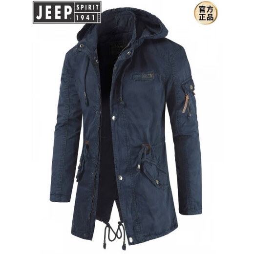 JEEP SPIRIT Jeep Fashion Workwear Windbreaker Fashion Men's Mid-Length Hooded Jacket Back Slit Chest Label Stand Collar Men's Outer Dark Blue XL (Approximately suitable for 171-175 height 140Jin Jin equal to 0.5kg inner wear)