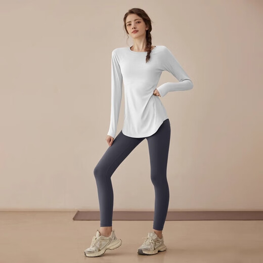 Youyou Yoga Wear Women's New Autumn and Winter Sports and Fitness Quick-Drying Pilates Training Wear Long Sleeve Suit J34007Y Ivory White + Gray Purple Yoga Pants S