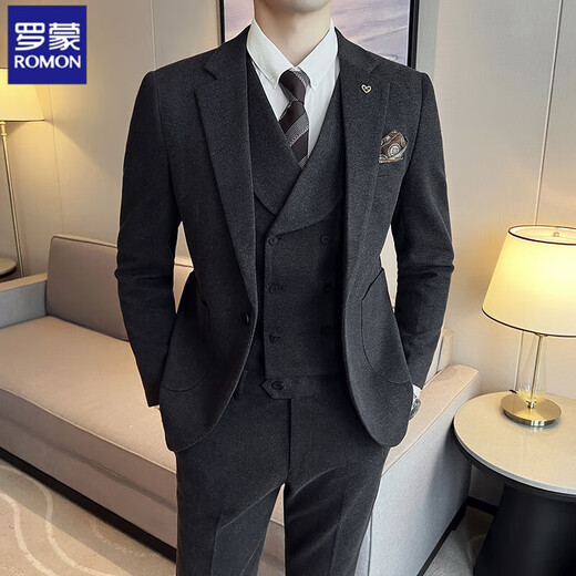 ROMON's new autumn and winter thickened warm woolen suit suit for men, Korean style slim fit groom and best man wedding suit, gray suit + vest + trousers, free tie 3XL