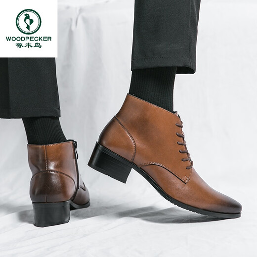 啄木鸟真皮马丁靴男韩版英伦商务内增高中帮高跟尖头发型师皮鞋高帮皮靴 2232棕色 42 标准皮鞋码