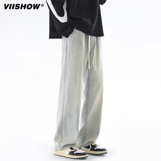 Viishow washed jeans men's simple retro casual loose versatile straight trend brand cleanfit wide leg work pants black 2XL