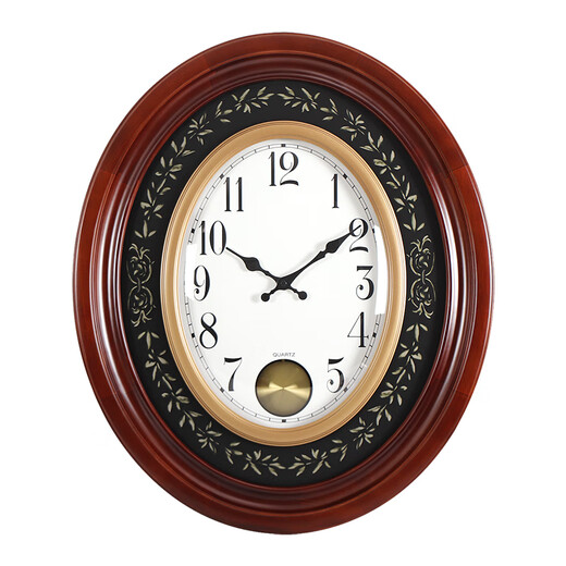 汉时（Hense）大尺寸椭圆实木挂钟客厅大堂挂墙时钟欧式高档大气石英钟表HW5266 带摇摆（高度60CM）