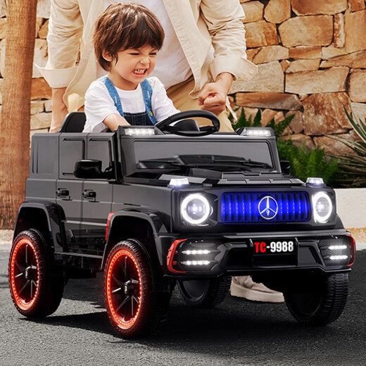 Cute Angel Big G children's electric car can sit on one person, remote control toy car, children's double driveable model, four wheels 0-3 years old, four-wheel drive black, 12V7A battery + leather seat + remote control + ordinary wheels