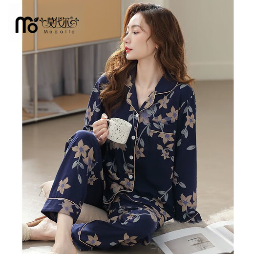 Modal Pyjamas für Frauen im Frühjahr und Herbst-Modedrucken Neue lose Langzeitkleidung C9215 Lila Braun-Flurm XL (Empfohlen 120-140jin [Jin ist gleich 0,5 kg])