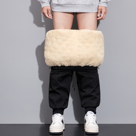 RFKU加厚加绒裤子男冬季宽松束脚裤直筒休闲裤男士潮流运动保暖棉裤 黑色-束口 3XL (160-180斤)