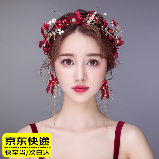 QBILY bridal headwear, wedding red headband, wedding dress, hair accessories, Chinese toasting suit, forest dress accessories, female Xiuhe suit, red headband + earrings, ear clip style