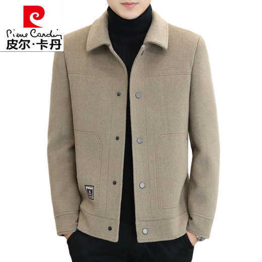 Pierre Cardin high-end double-sided woolen coat men's short jacket men's autumn and winter casual woolen coat men's top khaki (double-sided woolen coat) XL (136-155Jin Jin equals 0.5kg)