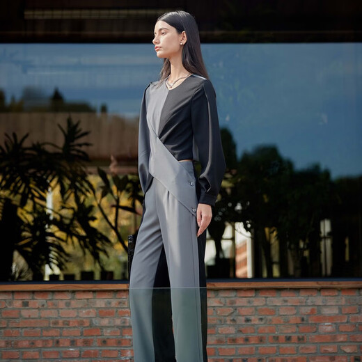 S.DEER Spring Fashion Women's French OL Round Neck Contrast Color Splicing Drape Suit S24161406 Black/91 S 160