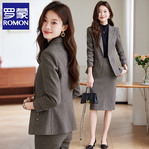 ROMON woolen suit jacket for women 2025 new autumn and winter thickened high-end professional temperament hotel work clothes suit suit dark gray suit + trousers L