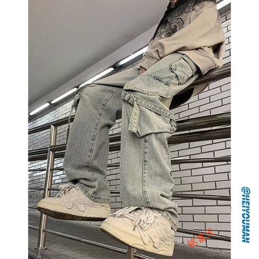 MINGFUTIAN American retro workwear jeans for men in autumn and winter plus velvet straight pants for men vibe loose wide-leg trousers for men ZP-9958 yellow mud color XL (recommended weight 130-140Jin Jin equals 0.5 kg)