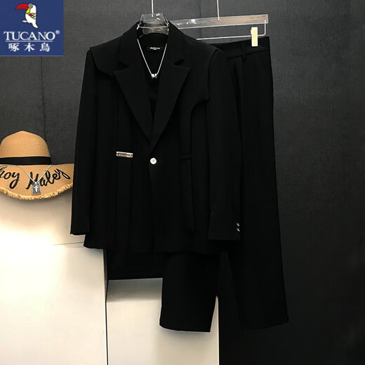 Woodpecker (TUCANO) Korean streamer design blazer men's Korean version street style versatile casual splicing suit white DK25 suit + pants L 130-145Jin Jin equals 0.5 kg