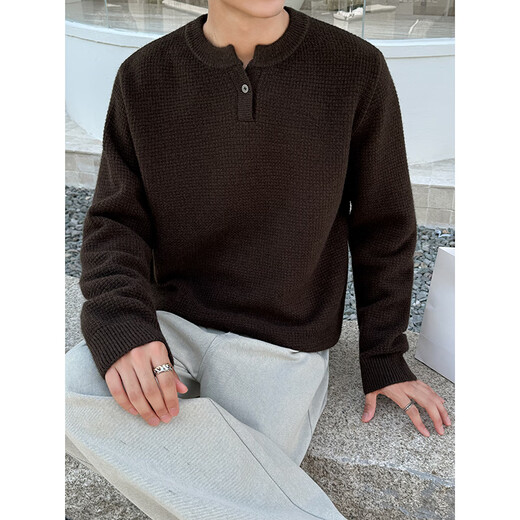 Kuraishi Kazuki American pineapple check Henry collar sweater men's autumn and winter loose casual warm trendy versatile base layer beige L