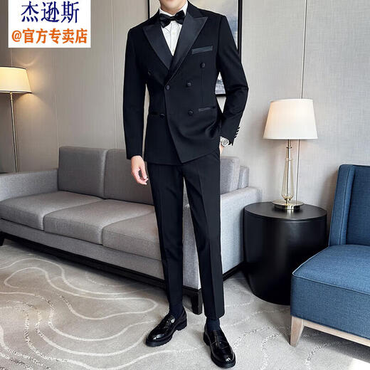 Jason's high-end double-breasted suit, groom's suit, gentleman's business formal suit, tuxedo host banquet dress, black (suit + pants) 2XL