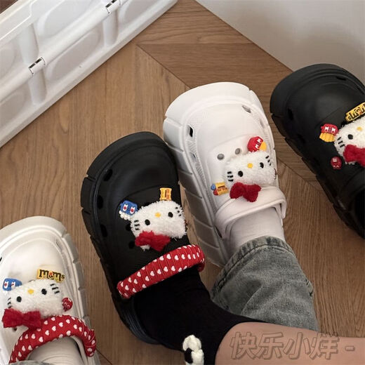 Minghuitong Hellokitty Hole Shoes Cute Cartoon Kitty Cat Women ins Лето, не скользящие тапочки с толстыми толстыми, на улице в черном ремеше