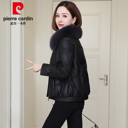Pierre Cardin Leather Jacket Women 2025 New Winter Haining Leather Down Jacket Small Sheepskin Large Fur Collar Fur Short Black XL 115-125Jin Jin is equal to 0.5 kg